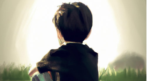 enfant vue de dos dans l'herbe généré par une intelligence artificielle